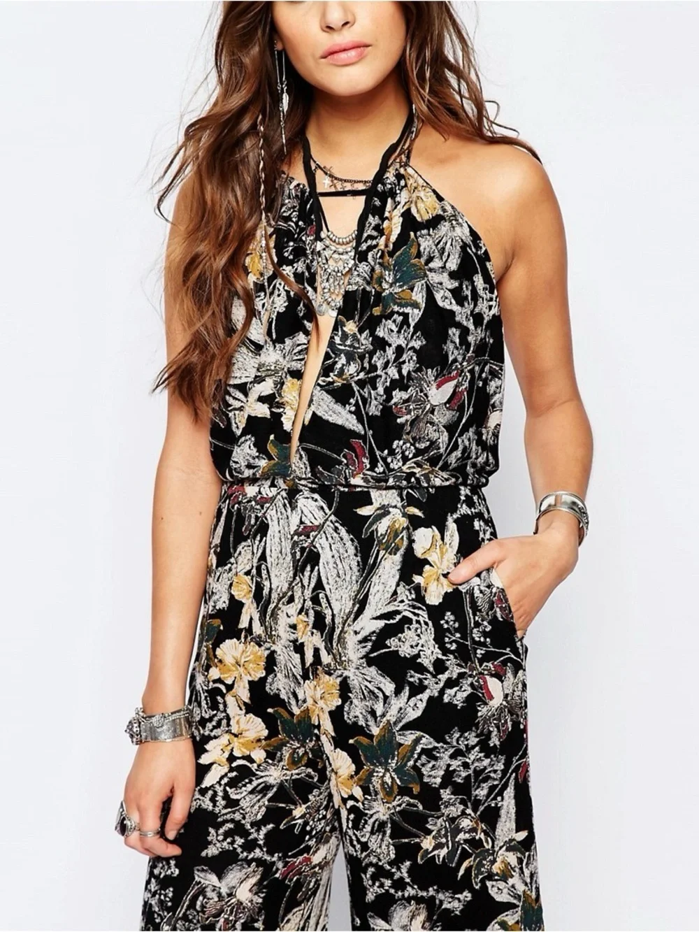 Free People Jumpsuit Womens 6 Twisted Halter Floral Boho Beachy Whimsy One Piece